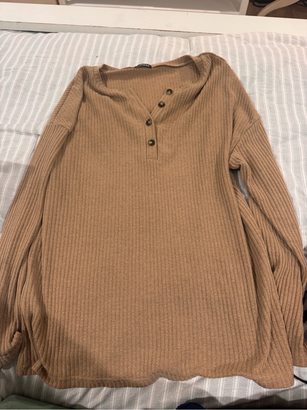 Women’s Ribbed Henley Top in Camel